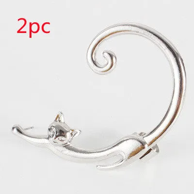 Punk cat post earring with ear cuff in black, close-up on alloy electroplated stud