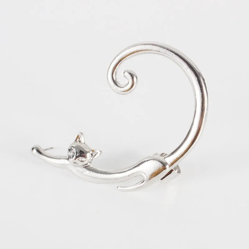 Punk cat post earring with ear cuff in black, close-up on alloy electroplated stud