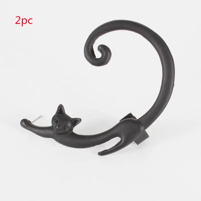 Punk cat post earring with ear cuff in black, close-up on alloy electroplated stud