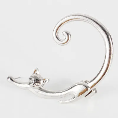 Punk cat post earring with ear cuff in black, close-up on alloy electroplated stud
