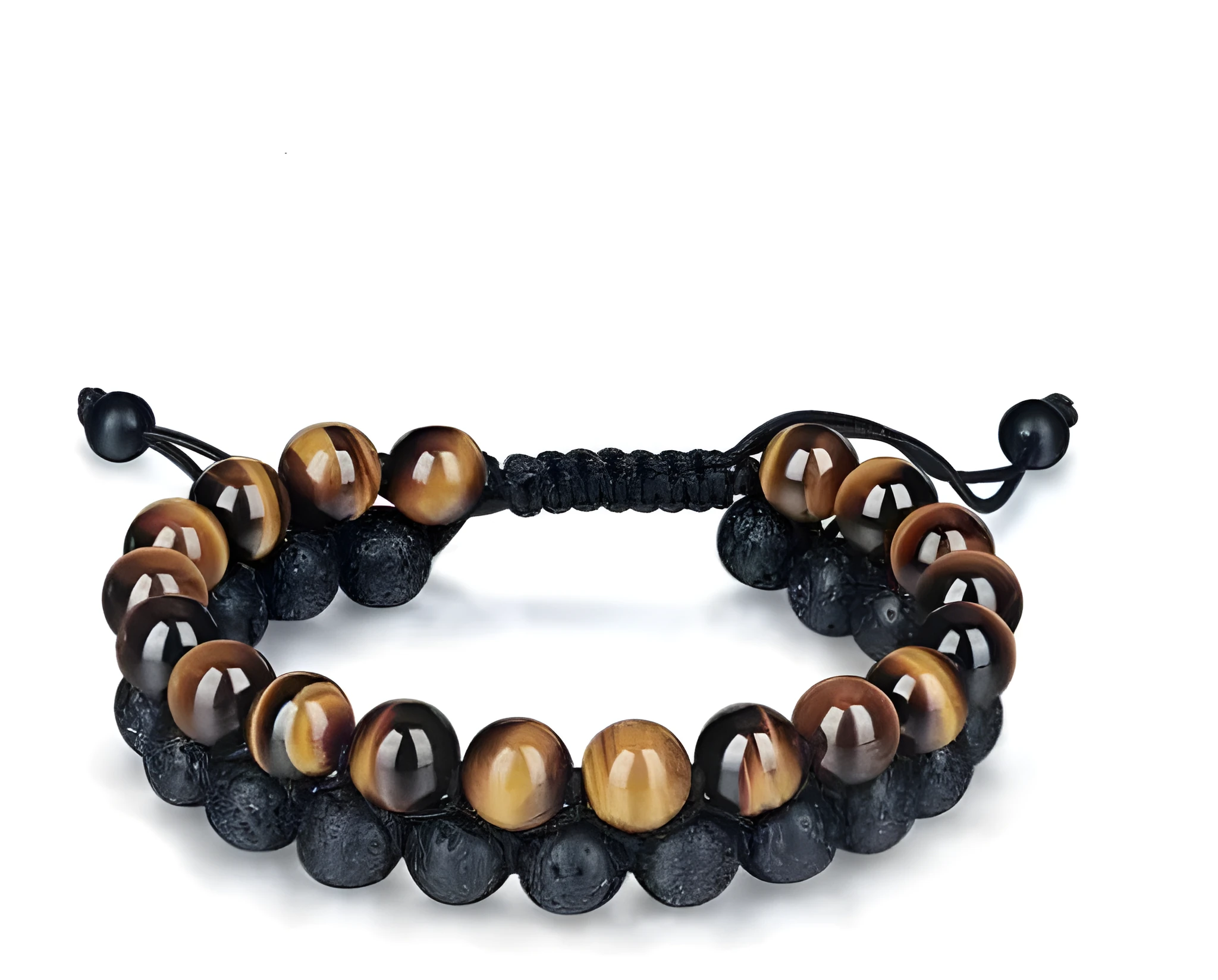 Tiger's Eye and Lava Stone bracelet on wrist, golden yellow tiger's eye and black lava beads