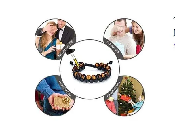 Tiger's Eye and Lava Stone bracelet on wrist, golden yellow tiger's eye and black lava beads