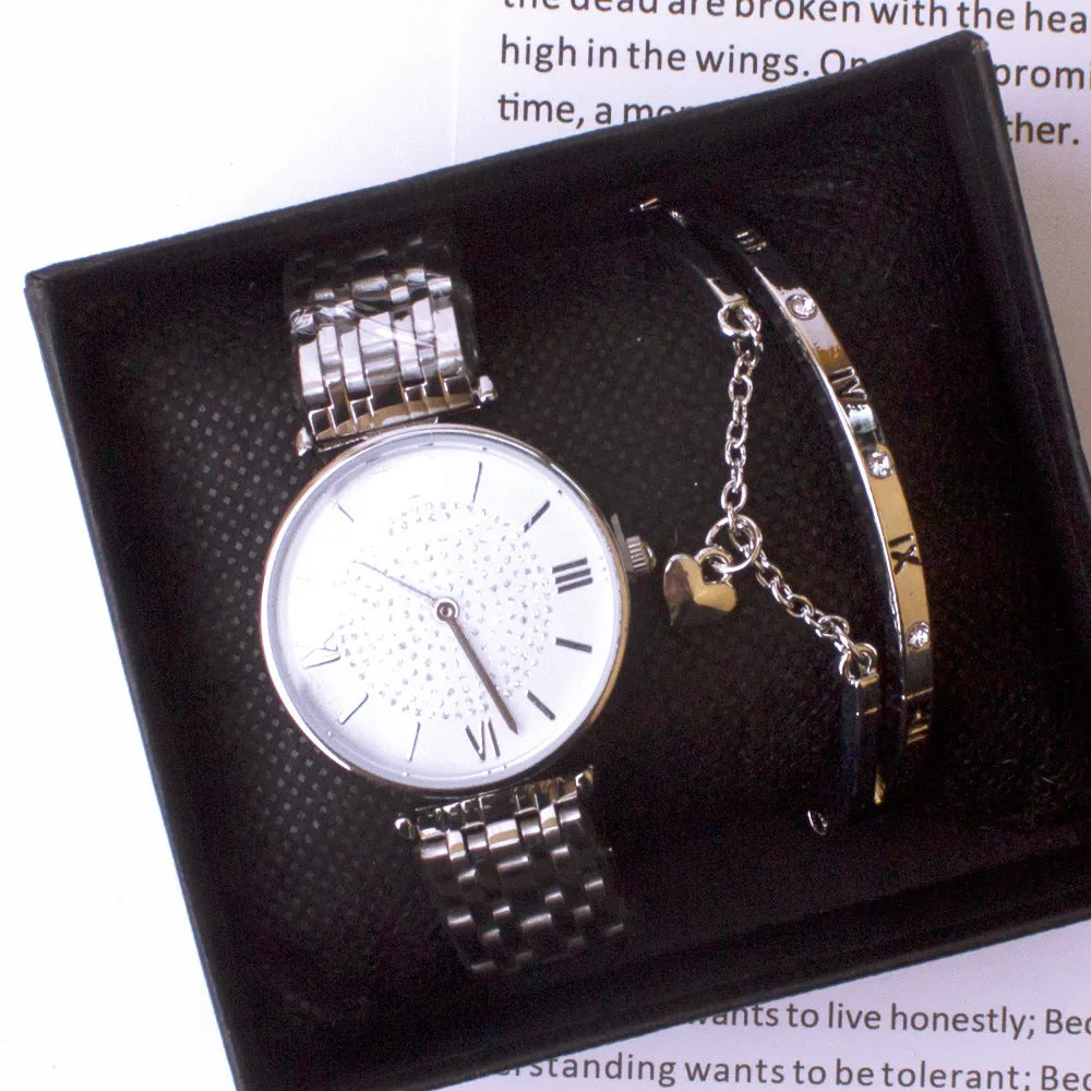 Ladies watch and bracelet set in silver with gypsophila style design