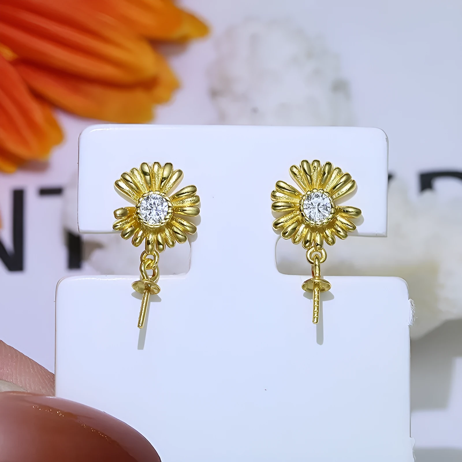 S925 sterling silver baroque flower earrings on a silver ring holder, showing gold and silver colour frame options.
