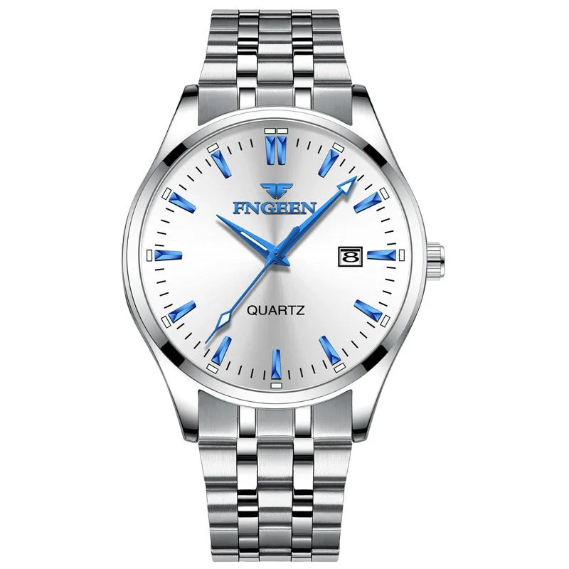 Men's quartz watch with white steel case, white surface, 10mm thickness, coated glass mirror