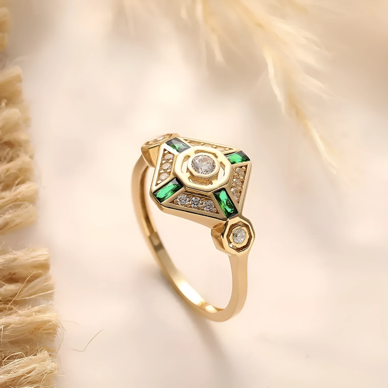Square geometric women's ring with green simulated diamond centrepiece in ins style fashion jewellery