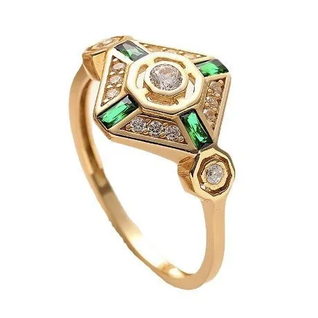 Square geometric women's ring with green simulated diamond centrepiece in ins style fashion jewellery