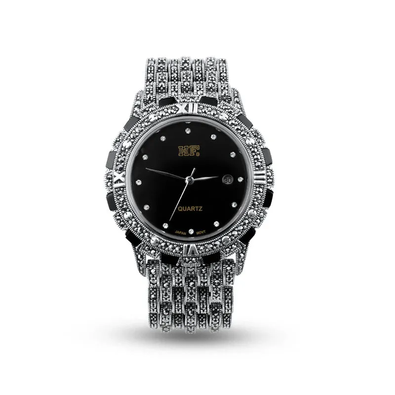 Quartz movement luxury romantic watch with metal strap, round dial, and jewellery buckle in black plate