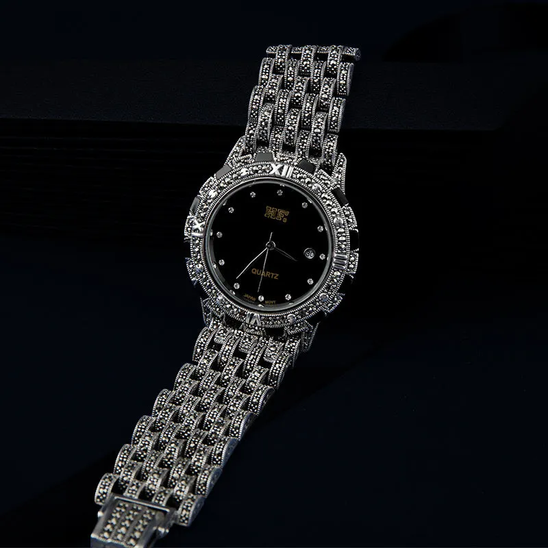 Quartz movement luxury romantic watch with metal strap, round dial, and jewellery buckle in black plate