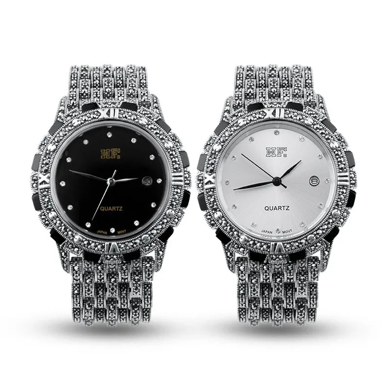 Quartz movement luxury romantic watch with metal strap, round dial, and jewellery buckle in black plate