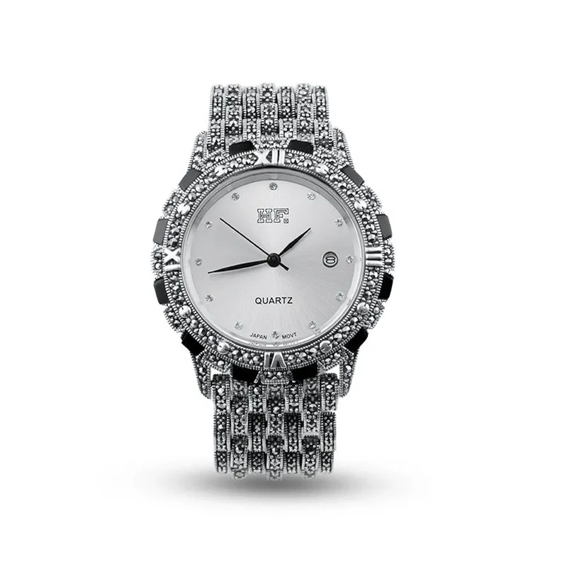 Quartz movement luxury romantic watch with metal strap, round dial, and jewellery buckle in black plate