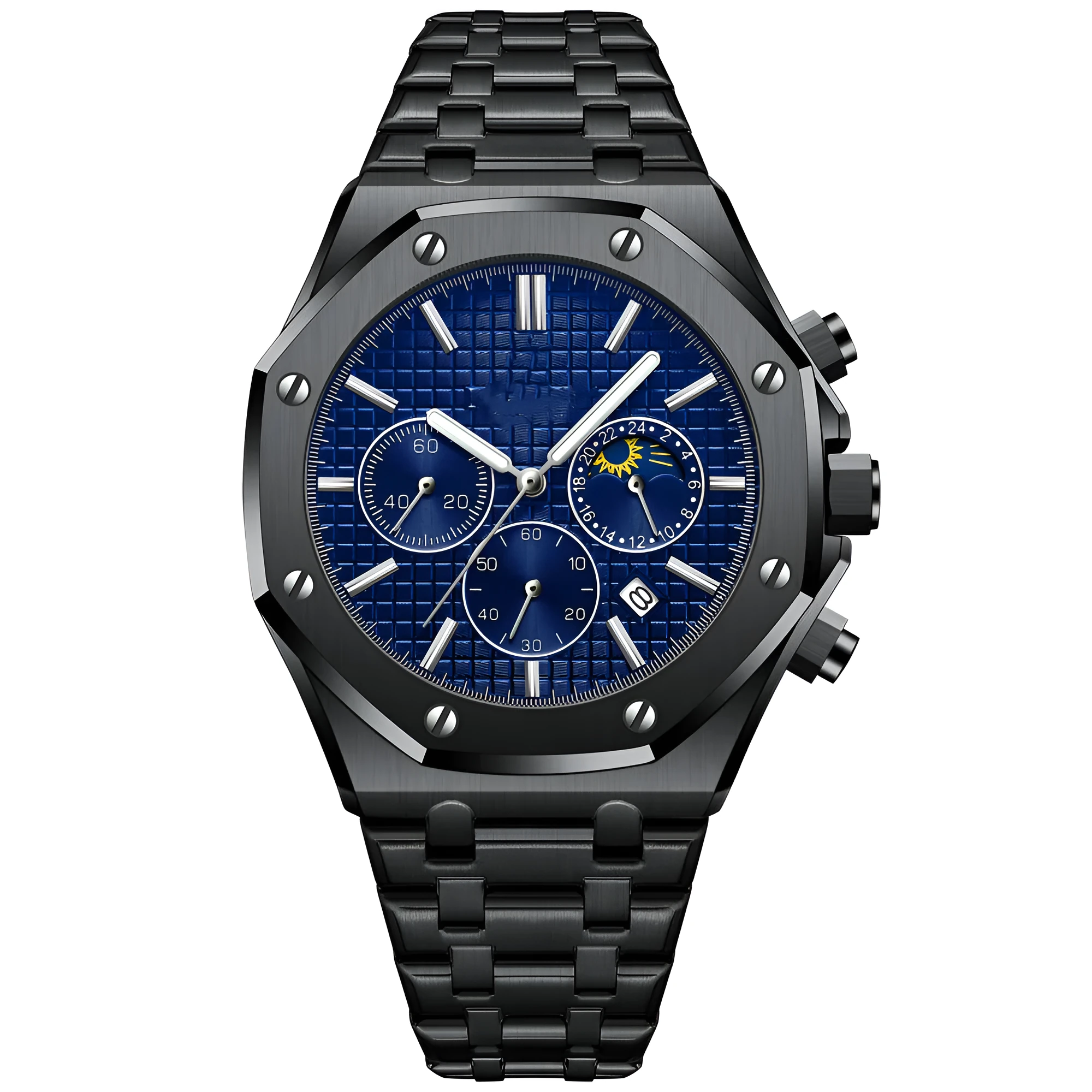 Men's automatic watch with 44mm stainless steel case and black dial on steel bracelet