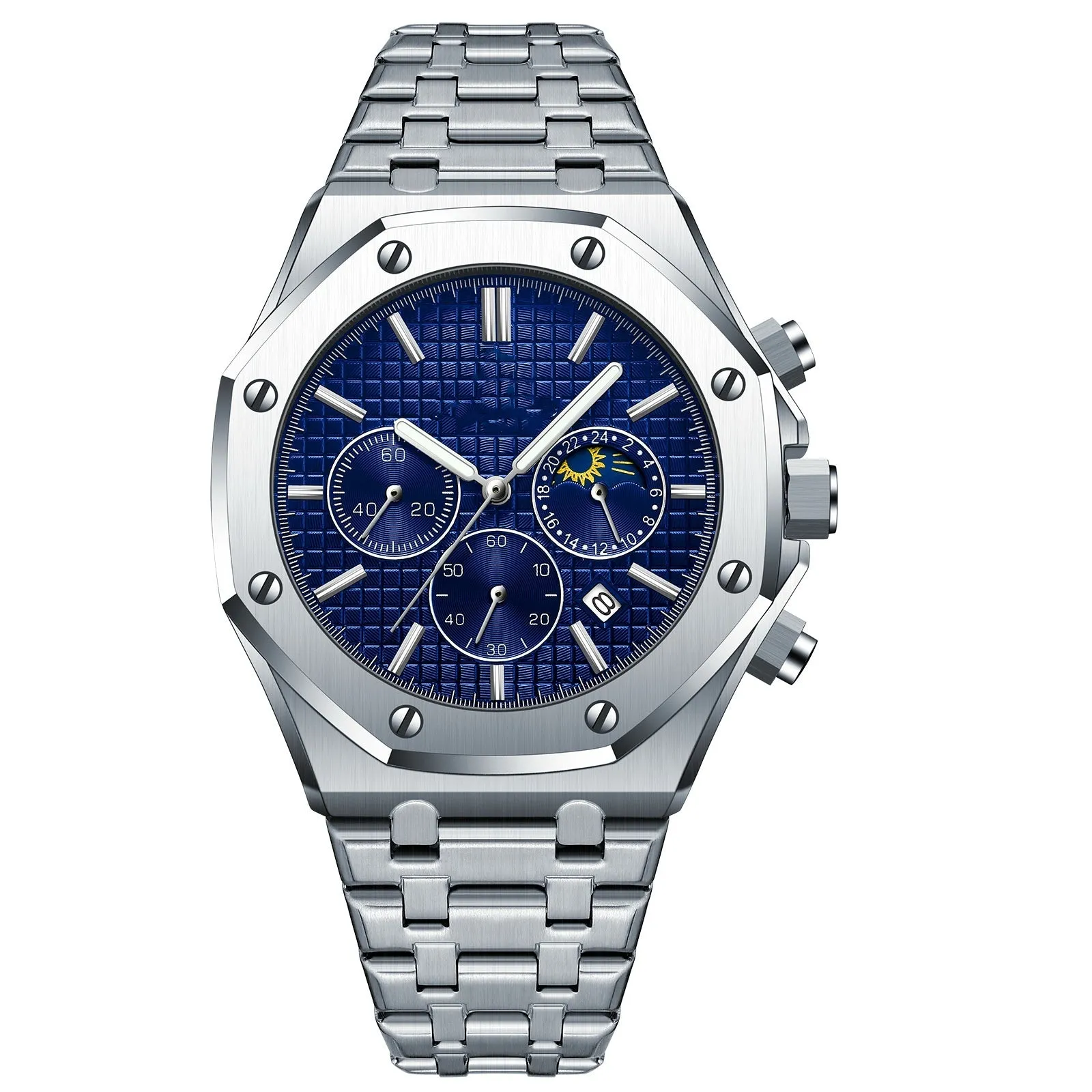 Men's automatic watch with 44mm stainless steel case and black dial on steel bracelet