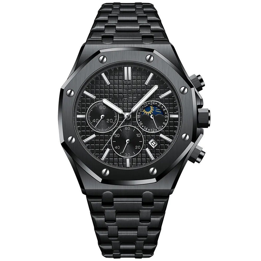 Men's automatic watch with 44mm stainless steel case and black dial on steel bracelet