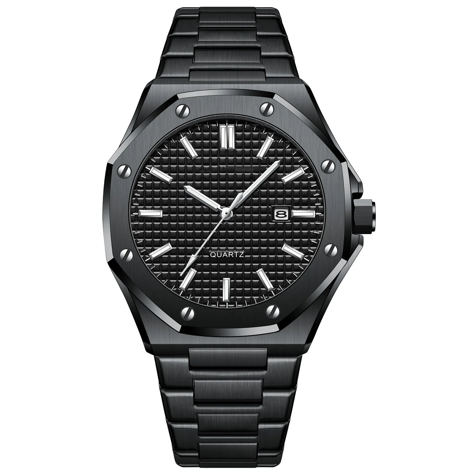 Men's automatic watch with 44mm stainless steel case and black dial on steel bracelet