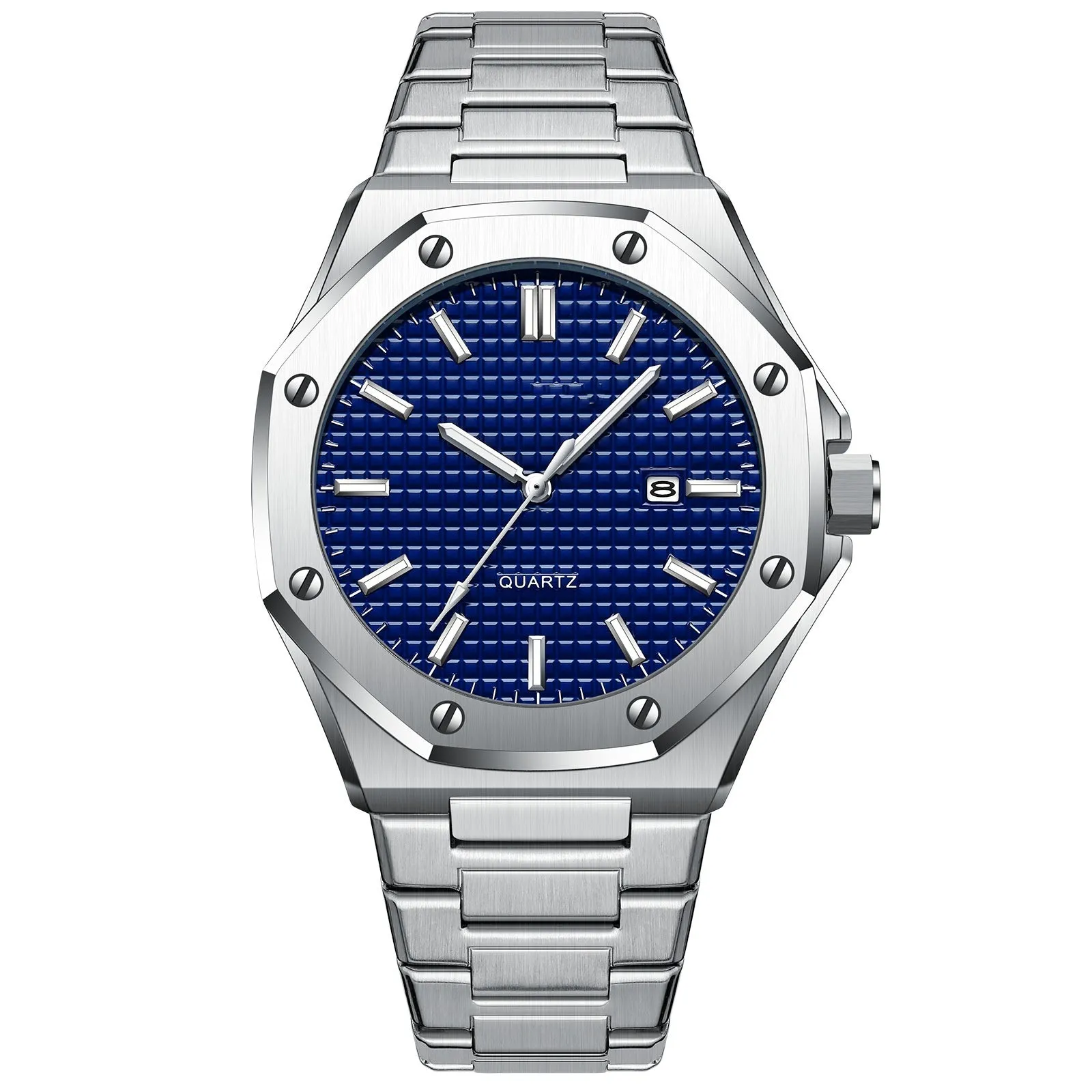 Men's automatic watch with 44mm stainless steel case and black dial on steel bracelet