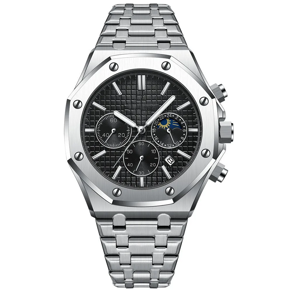 Men's automatic watch with 44mm stainless steel case and black dial on steel bracelet