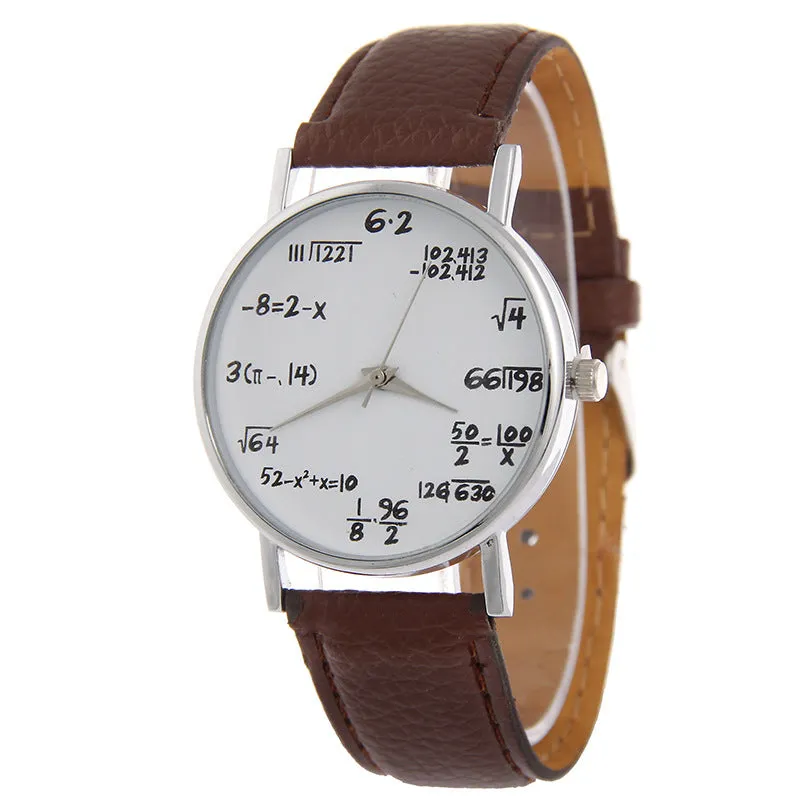 Equation round analogue watch with white dial, black plastic case, and black PU strap on a flat surface