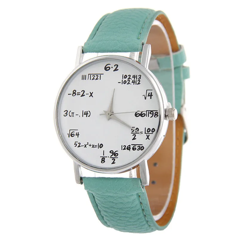 Equation round analogue watch with white dial, black plastic case, and black PU strap on a flat surface