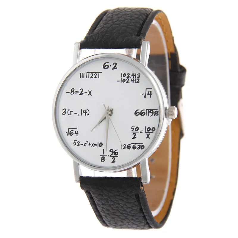 Equation round analogue watch with white dial, black plastic case, and black PU strap on a flat surface