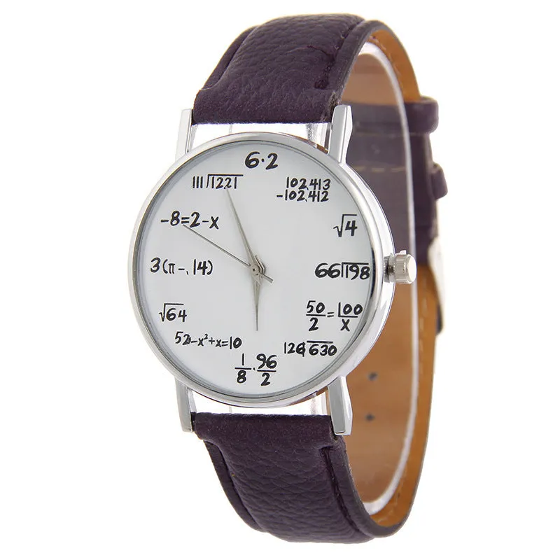 Equation round analogue watch with white dial, black plastic case, and black PU strap on a flat surface