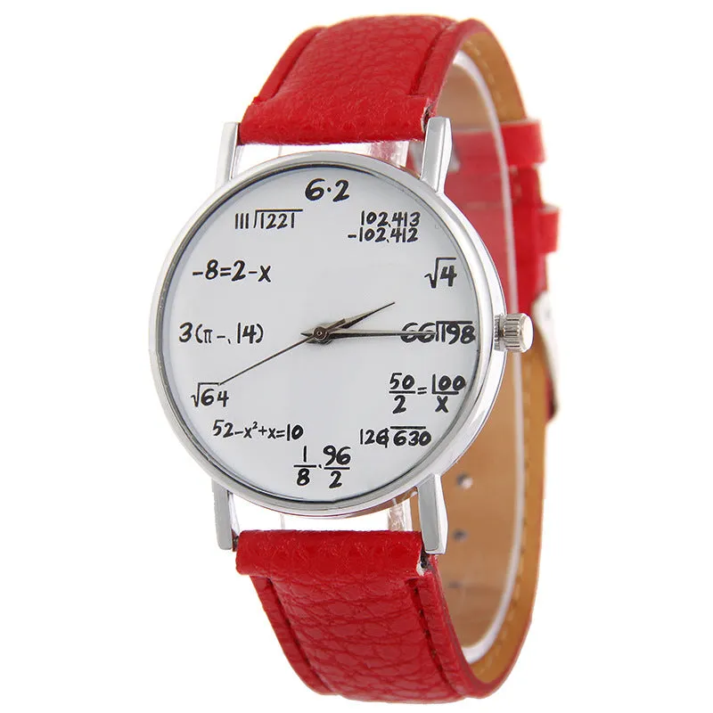Equation round analogue watch with white dial, black plastic case, and black PU strap on a flat surface