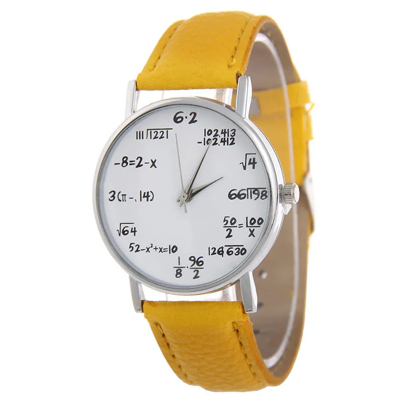 Equation round analogue watch with white dial, black plastic case, and black PU strap on a flat surface