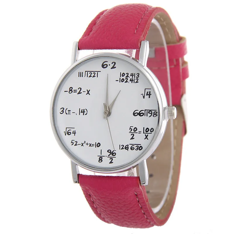 Equation round analogue watch with white dial, black plastic case, and black PU strap on a flat surface