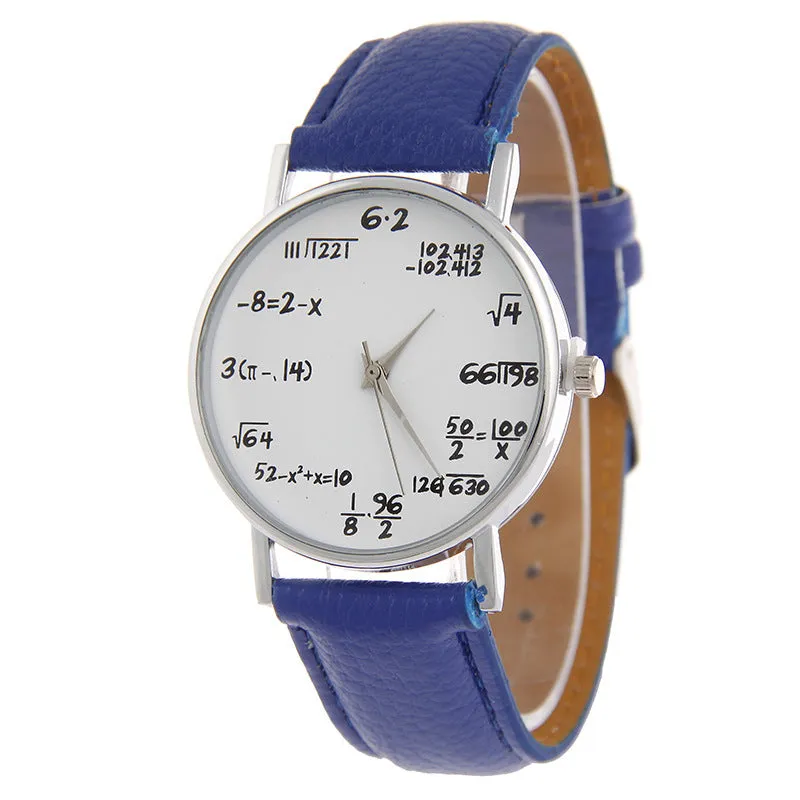 Equation round analogue watch with white dial, black plastic case, and black PU strap on a flat surface