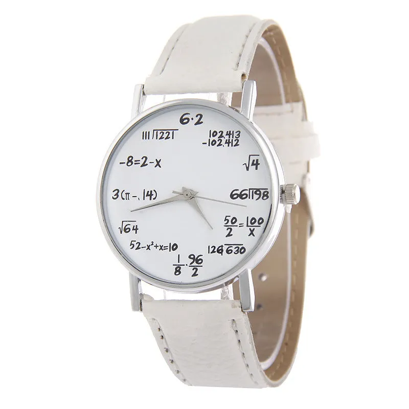 Equation round analogue watch with white dial, black plastic case, and black PU strap on a flat surface
