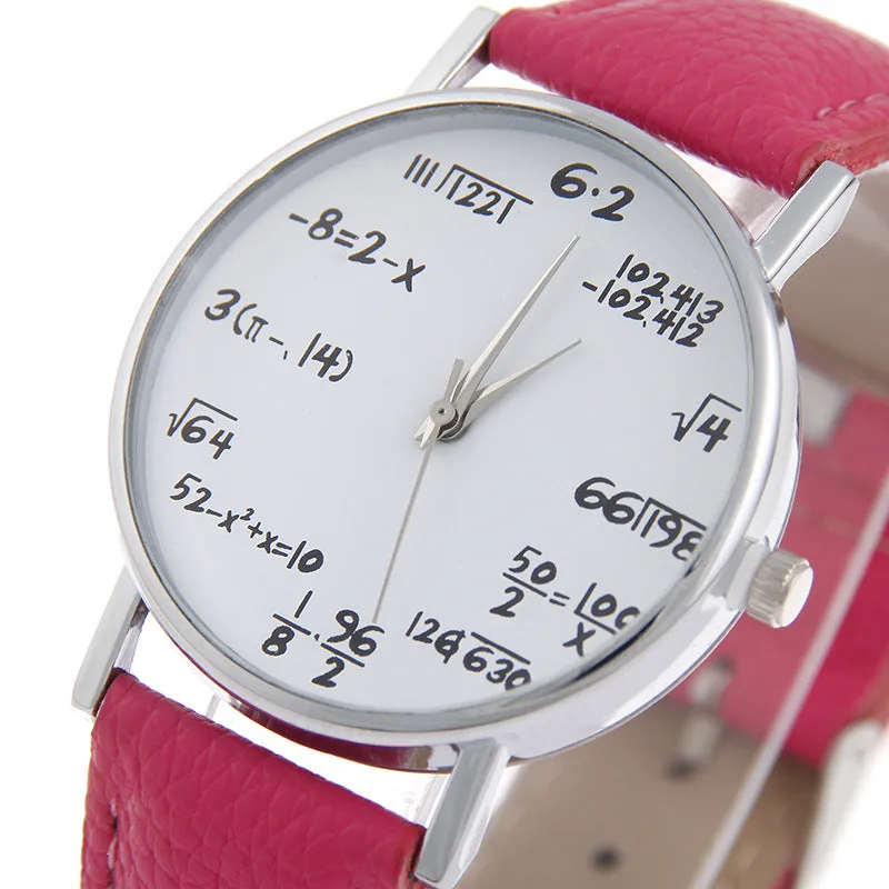 Equation round analogue watch with white dial, black plastic case, and black PU strap on a flat surface