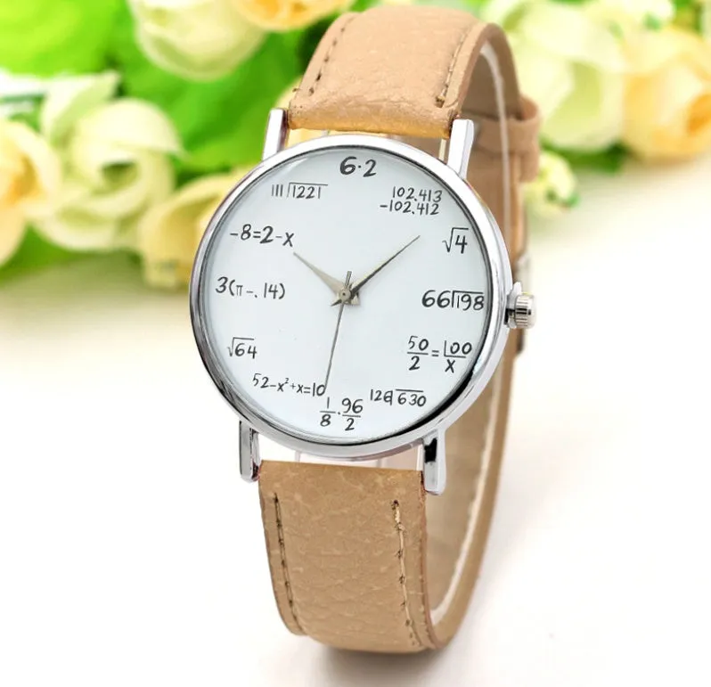 Equation round analogue watch with white dial, black plastic case, and black PU strap on a flat surface
