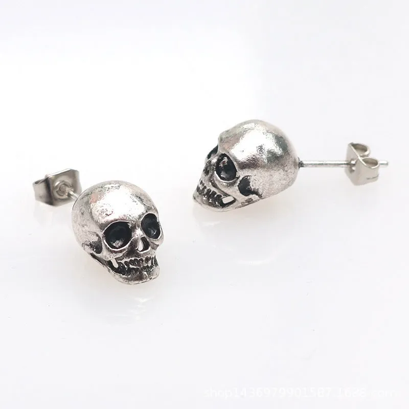 Retro skull eardrop earrings 11x8mm alloy ancient silver unisex Halloween