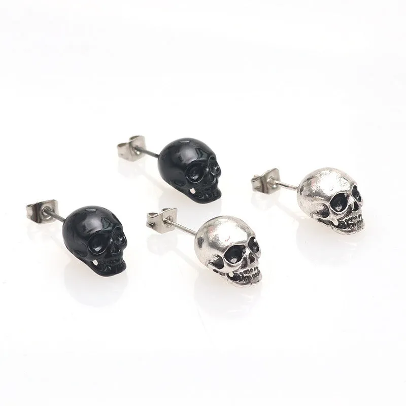 Retro skull eardrop earrings 11x8mm alloy ancient silver unisex Halloween
