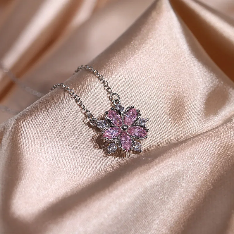 Double-layer flower cubic zirconia jewellery set: ring, stud earrings, and necklace in white copper, pink diamond colour option