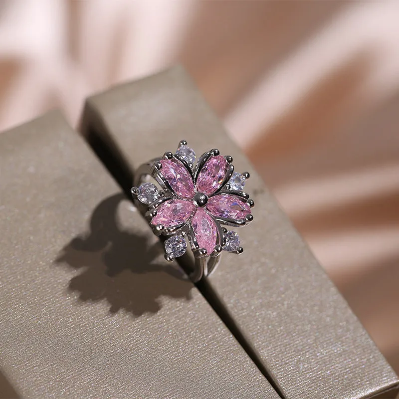 Double-layer flower cubic zirconia jewellery set: ring, stud earrings, and necklace in white copper, pink diamond colour option