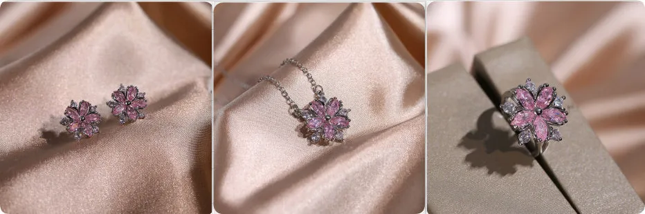 Double-layer flower cubic zirconia jewellery set: ring, stud earrings, and necklace in white copper, pink diamond colour option