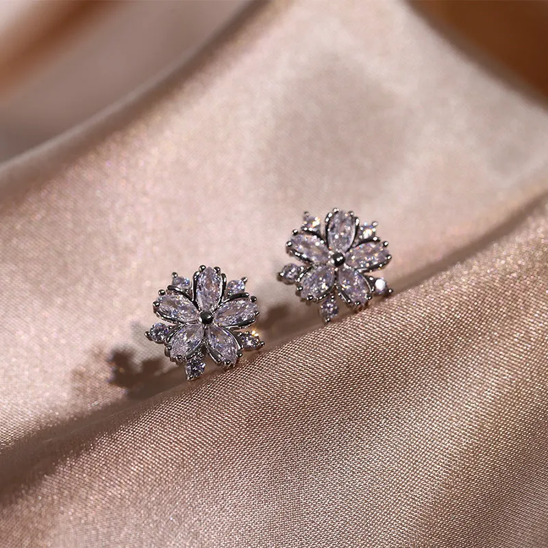 Double-layer flower cubic zirconia jewellery set: ring, stud earrings, and necklace in white copper, pink diamond colour option