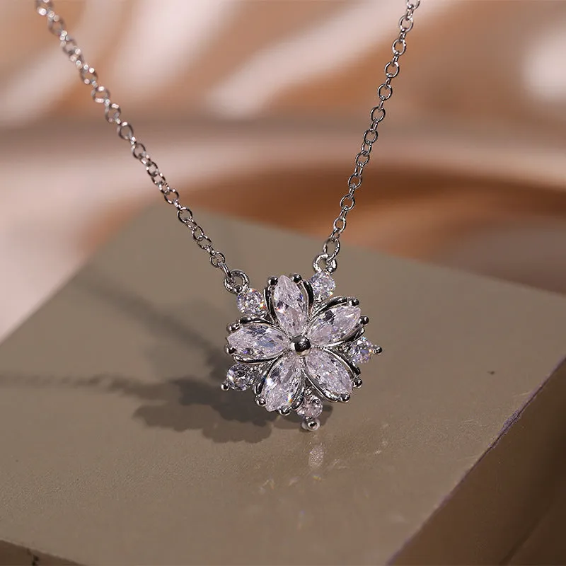 Double-layer flower cubic zirconia jewellery set: ring, stud earrings, and necklace in white copper, pink diamond colour option