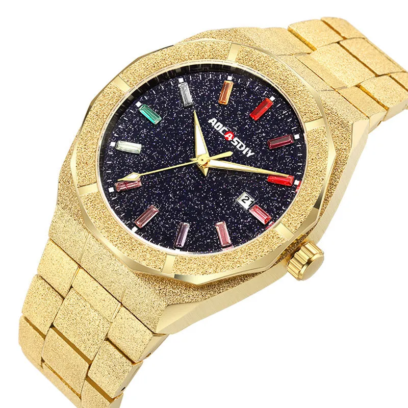 Full diamond-set luxury oak men's watch in gold finish with quartz movement and 11mm case thickness