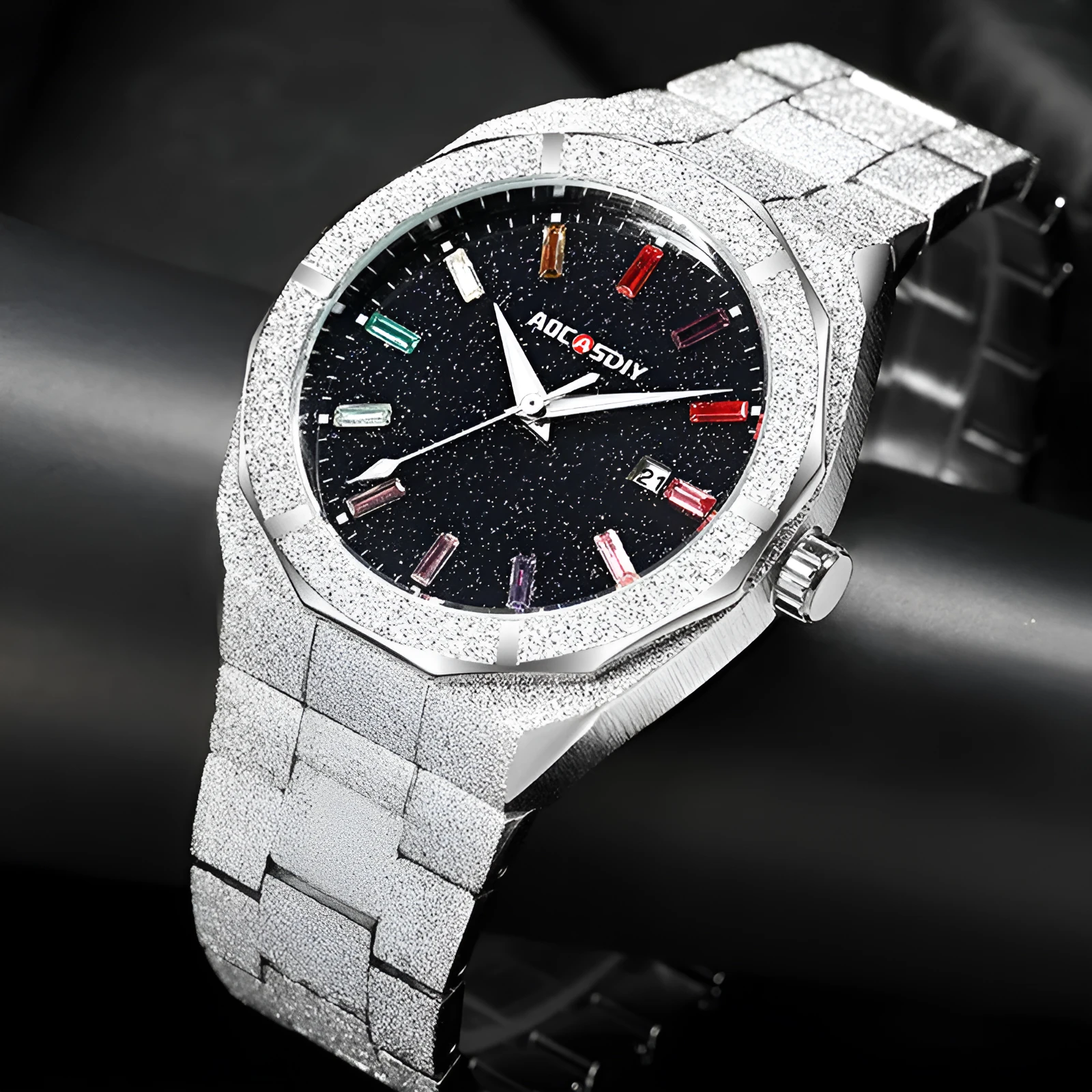 Full diamond-set luxury oak men's watch in gold finish with quartz movement and 11mm case thickness
