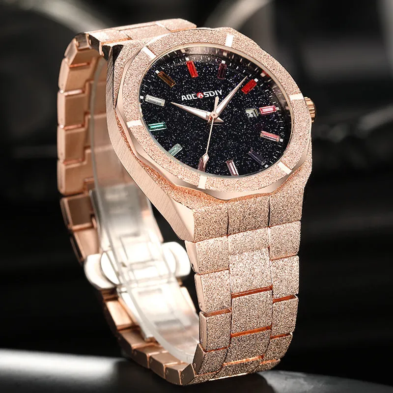 Full diamond-set luxury oak men's watch in gold finish with quartz movement and 11mm case thickness