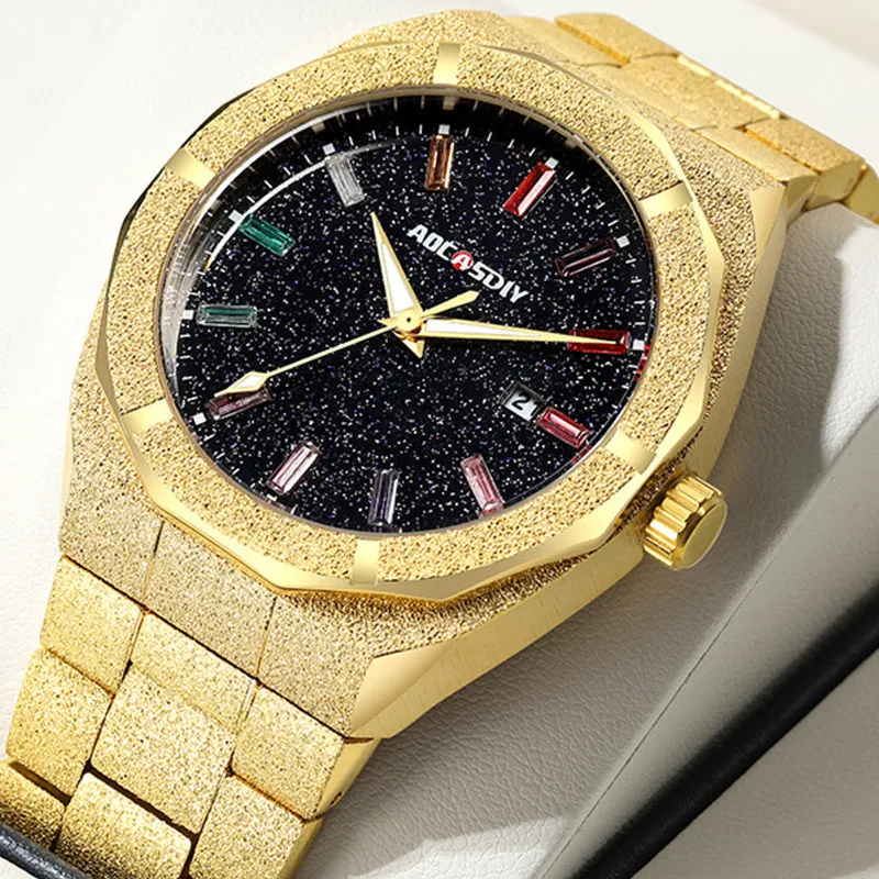 Full diamond-set luxury oak men's watch in gold finish with quartz movement and 11mm case thickness