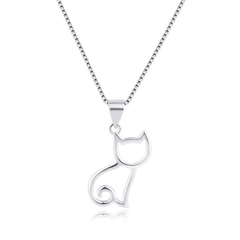 Sweet cat silver pendant necklace with Korean style animal charm on a simple chain