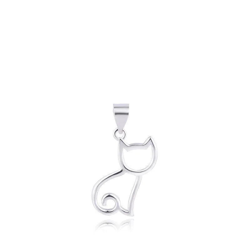 Sweet cat silver pendant necklace with Korean style animal charm on a simple chain