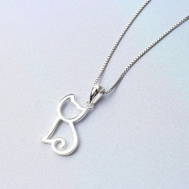 Sweet cat silver pendant necklace with Korean style animal charm on a simple chain