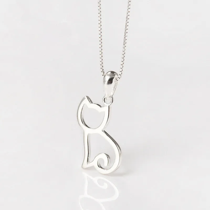 Sweet cat silver pendant necklace with Korean style animal charm on a simple chain