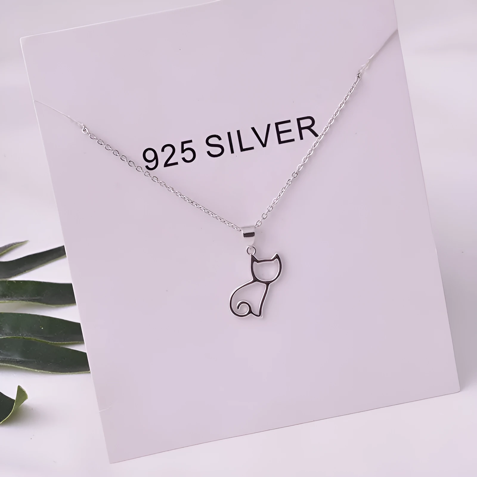 Sweet cat silver pendant necklace with Korean style animal charm on a simple chain