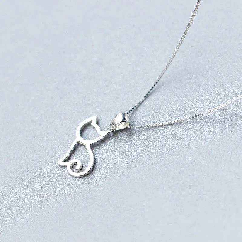 Sweet cat silver pendant necklace with Korean style animal charm on a simple chain