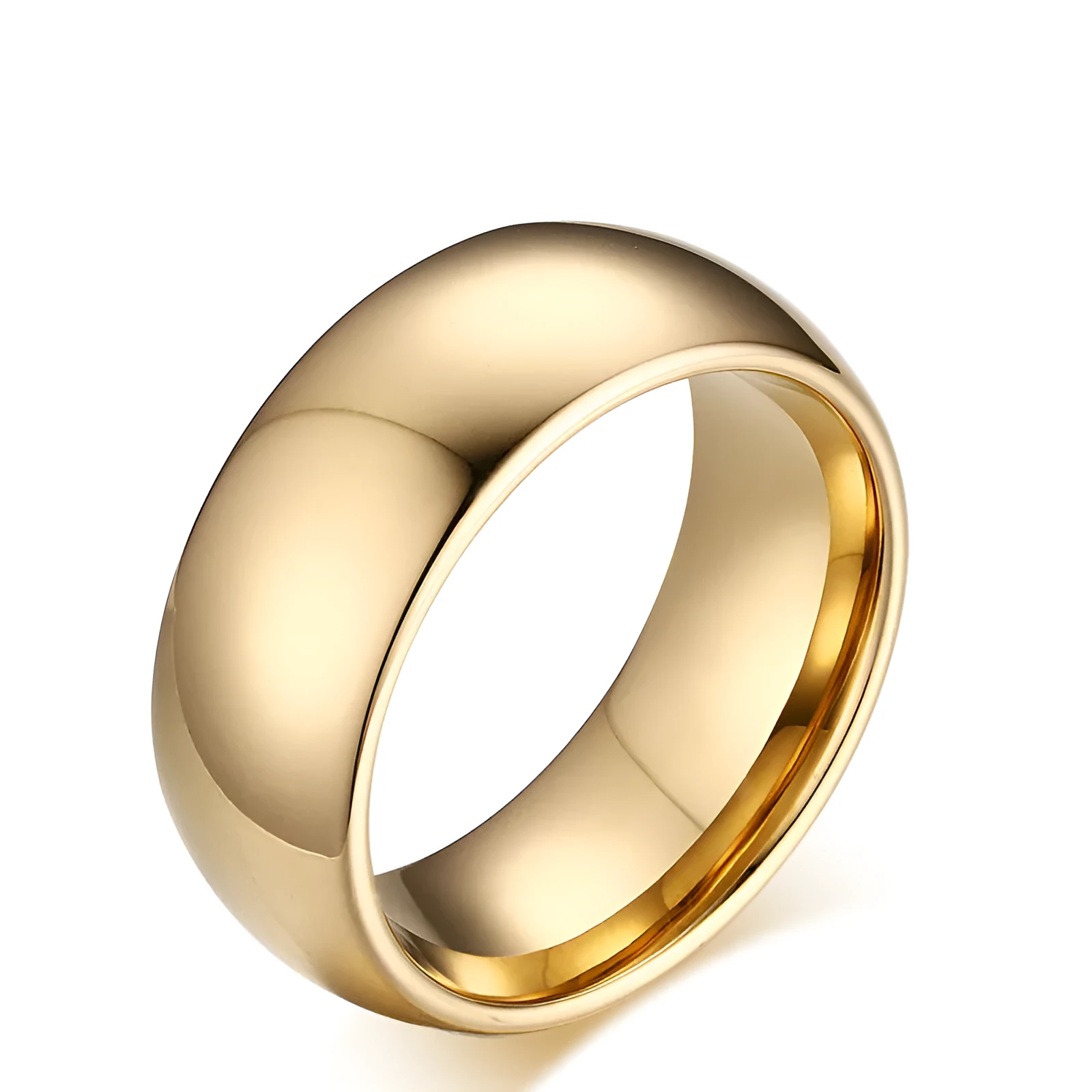 Gold tungsten carbide signet ring on display showing unisex design and metallic finish